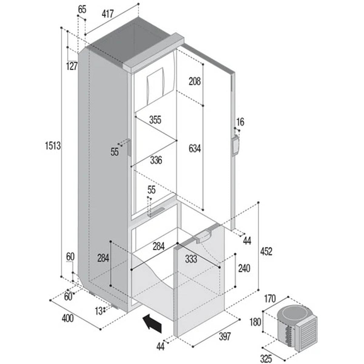 VITRIFRIGO Kompressor-Kuehlschrank Slim C150 CHR 12-24 V 140 L mit Gefrierfach Hellgrau glaenzend