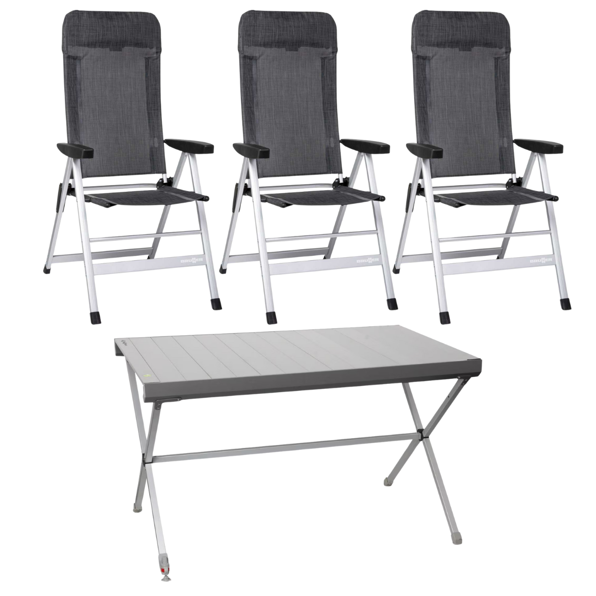 BRUNNER Campingstuhl SKYE Dunkelgrau 3er-Set - Rolltisch TITANIUM AXIA 4 122x76 cm - 0404063N.C67 0406098N
