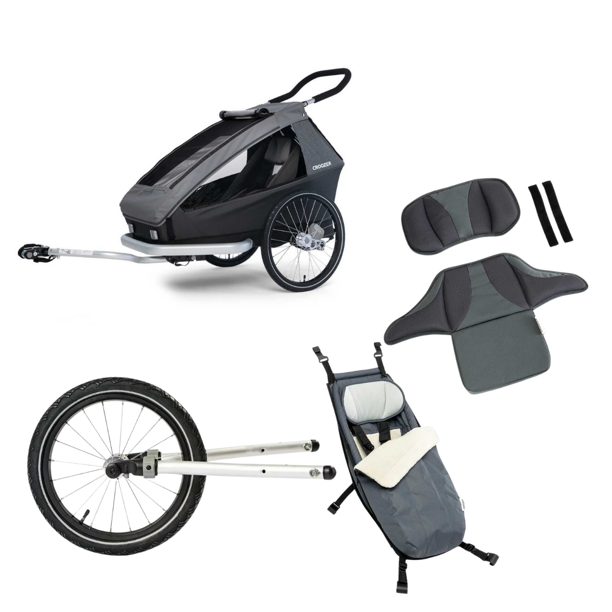 CROOZER Kinderfahrradanhänger Kid Keeke 1 3in1-Set Mountain Grey mit Babysitz und Sitzstütze