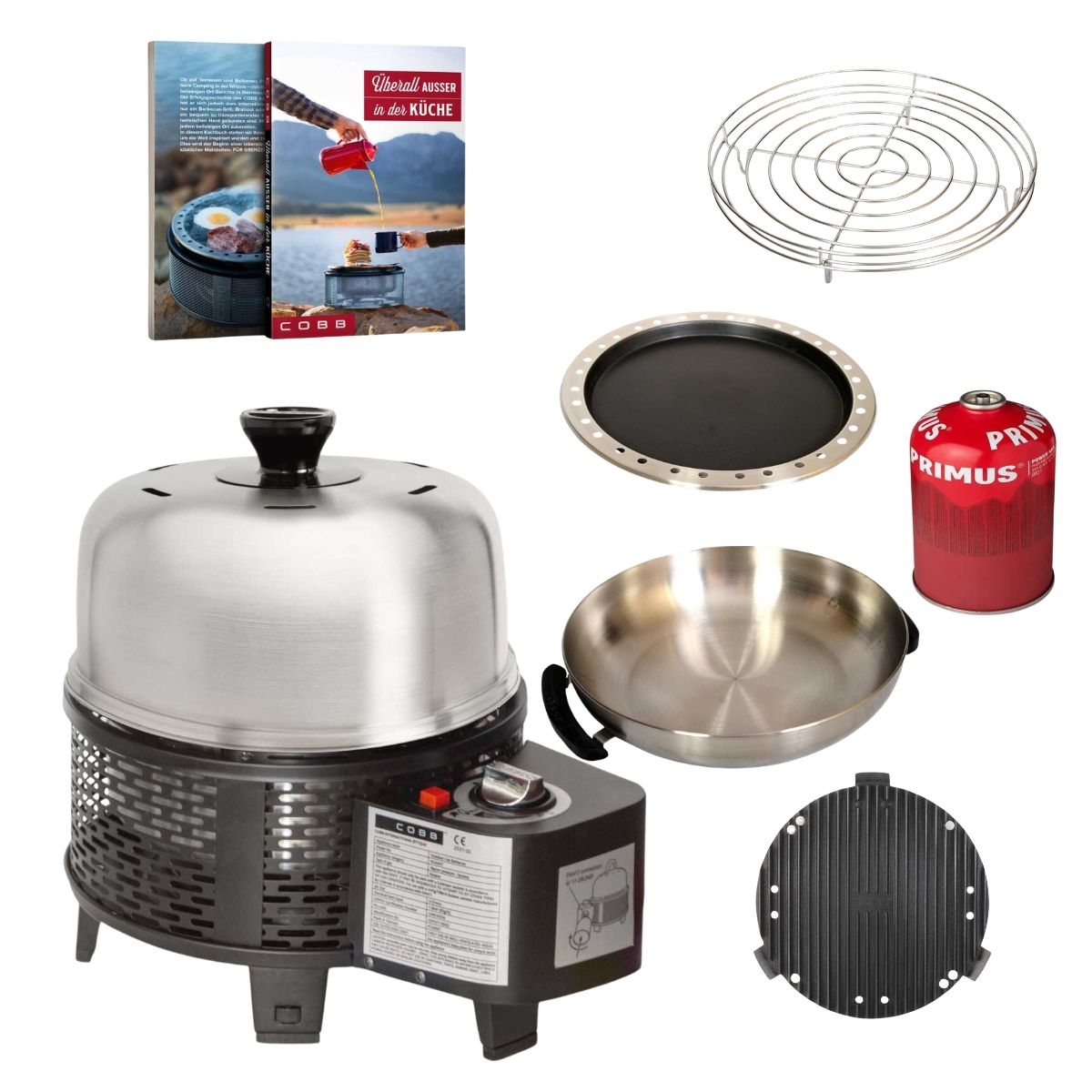 COBB Pro Gas Black und Grillplatte und Griddle -  und Bratenrost und Wok und Bratfpanne und Kochbuch und Gaskartusche