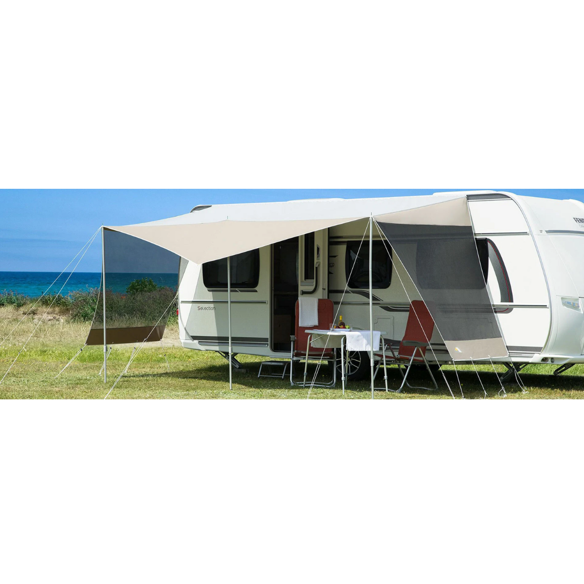 DWT Sonnenvordach Coco Gr. 1 330 x 240-320 cm mit 28 mm Aufstellstangen - 1871011