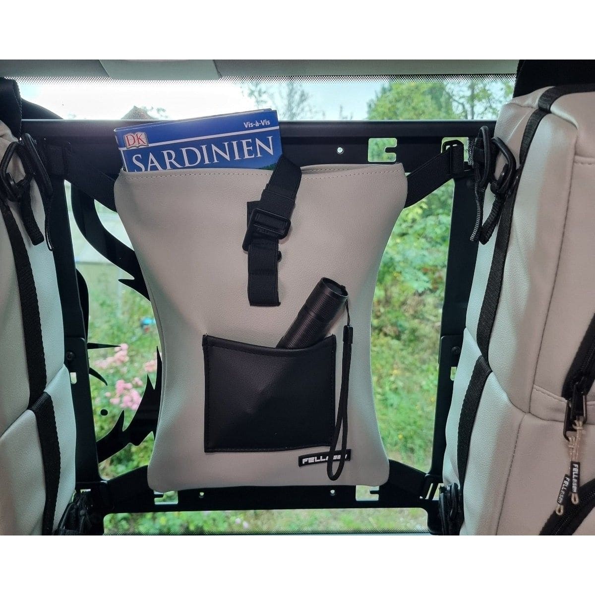 Fenstertaschen-Set FELLEISEN 2x BasicONE - 1x Flexbag fuer VW Caravelle T5-T6-T6.1 langer Radstand mit Gurt- Fahrerseite- Felleisengrau- ohne Thermomatte TST 6704 11-A