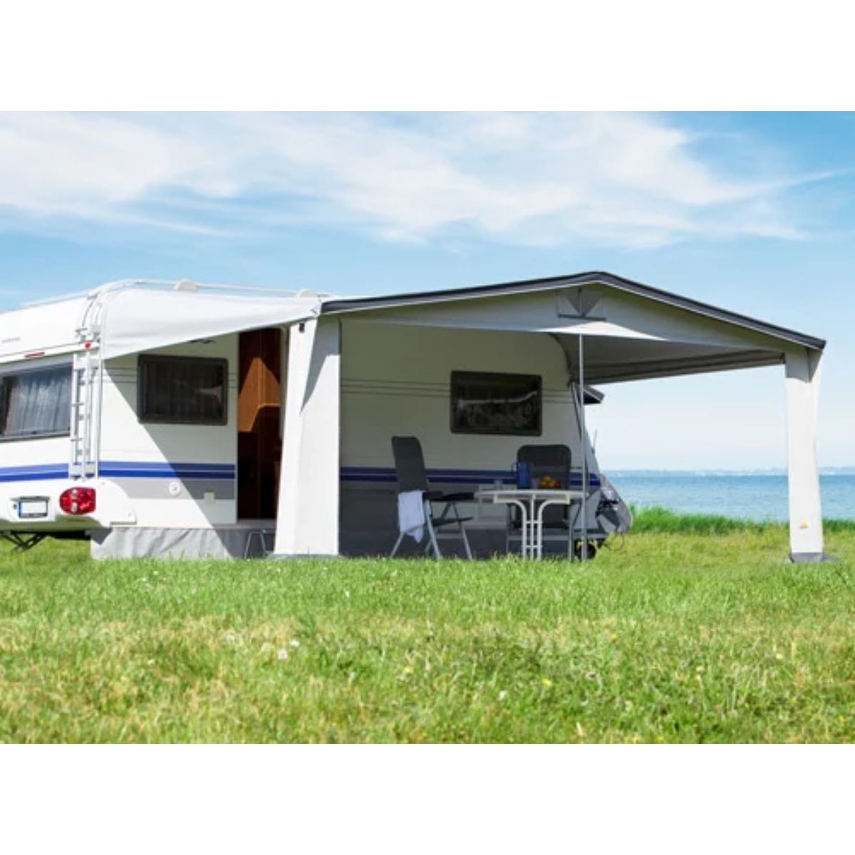 DWT Wohnwagen-Vorzelt TANGO Gr. 10 Umlaufmass 821-850 cm Tiefe 300 cm mit 32 mm Alu-Gestaenge - 128310A32