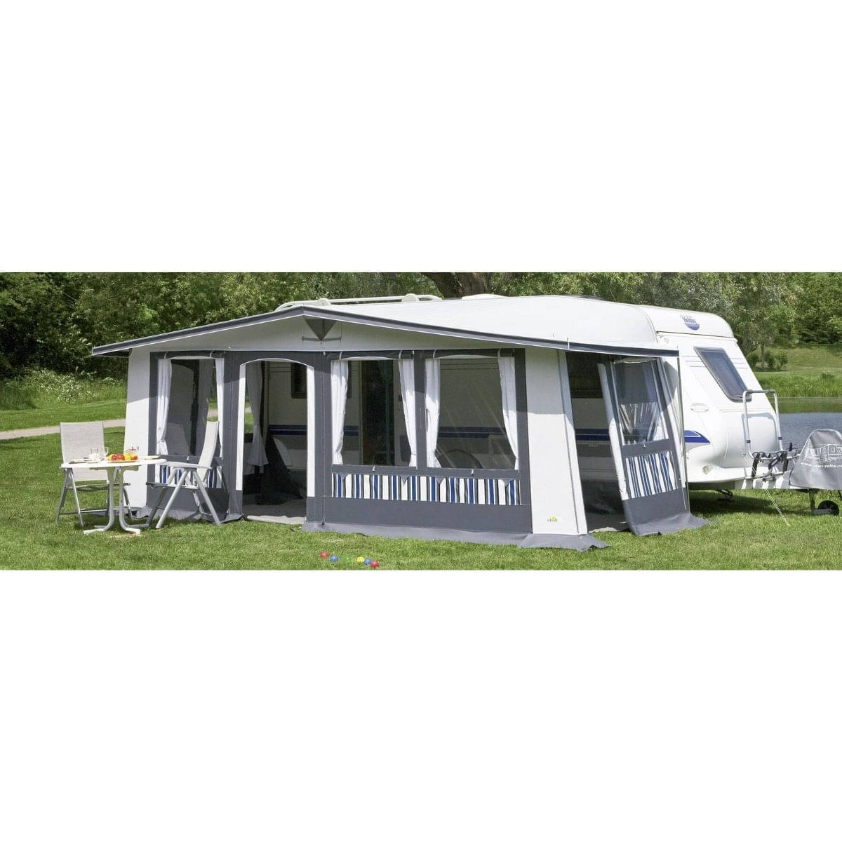 DWT Wohnwagen-Vorzelt CARAT Gr. 14 Umlaufmass 941-970 cm Tiefe 240 cm mit 28 mm Stahlgestaenge - 144524S28