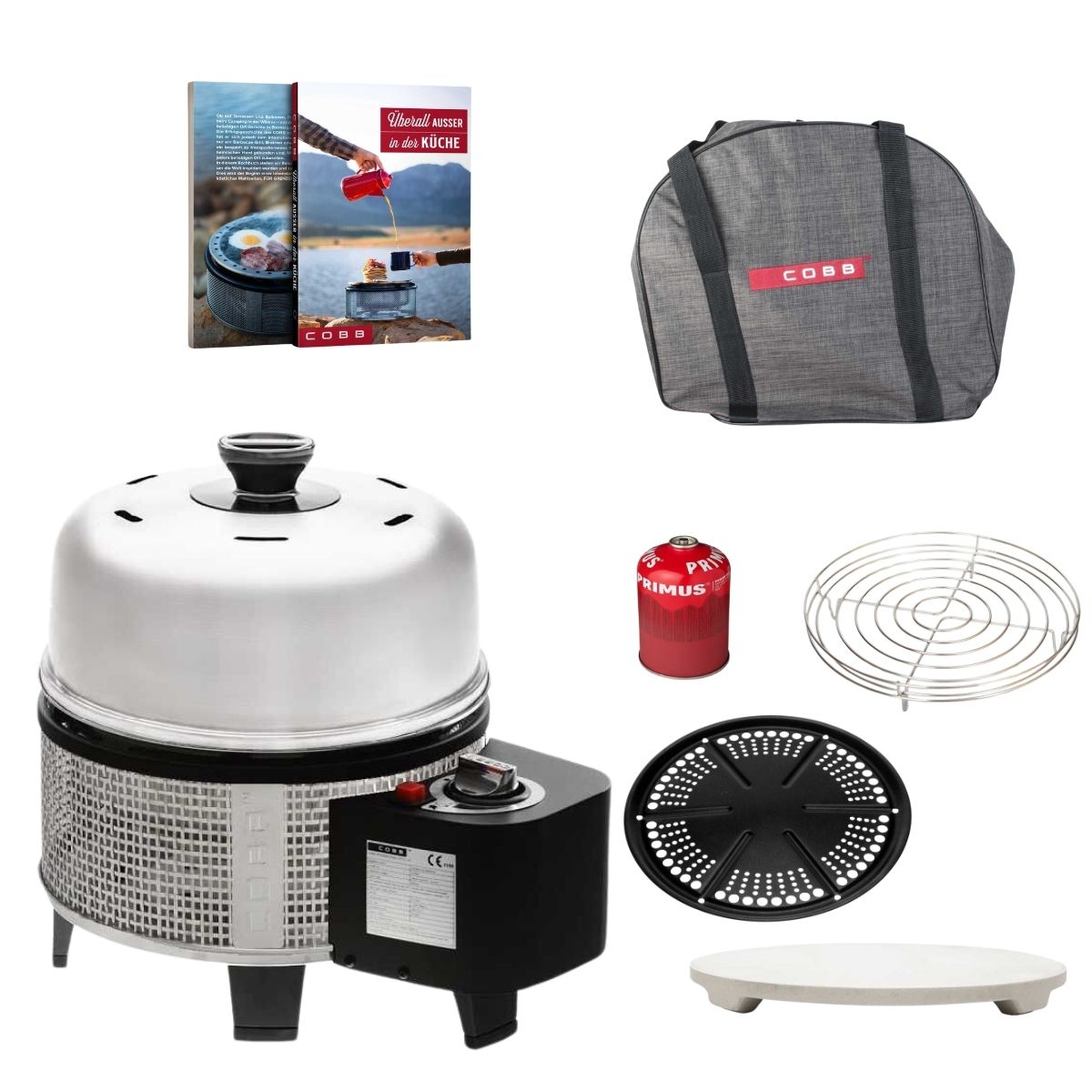 COBB Gas Deluxe 2.0 und Griddle Premier - und Bratenrost und Pizzastein und Grillplatte und Tasche und Kochbuch und Gaskartusche