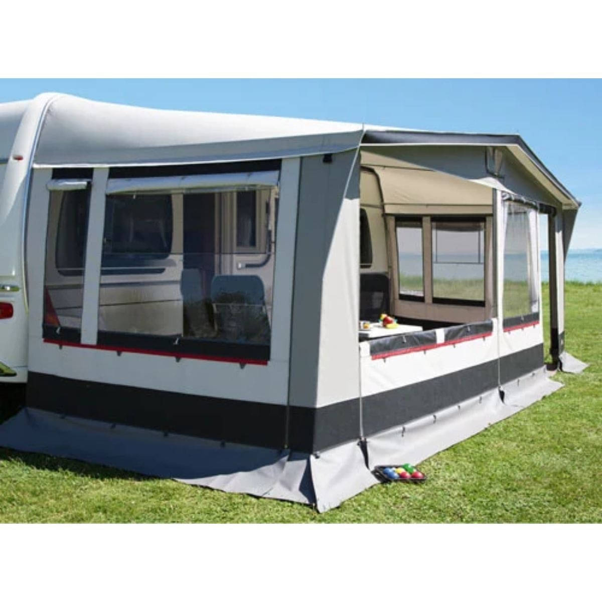 DWT Wohnwagen-Vorzelt PARADIES III Gr. 21 Umlaufmass 1151-1180 cm Tiefe 300 cm mit 32mm Alu-Gestaenge - 125141A32