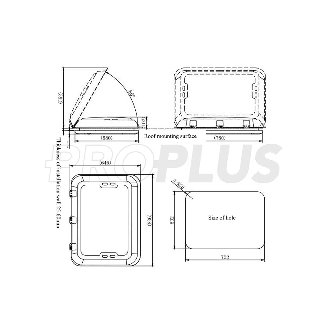 ProPlus Dachhaube 700x500 mm- Dachstaerke 25-60 mm- ohne Zwangsbelueftung- mit LED- Transparent 610910