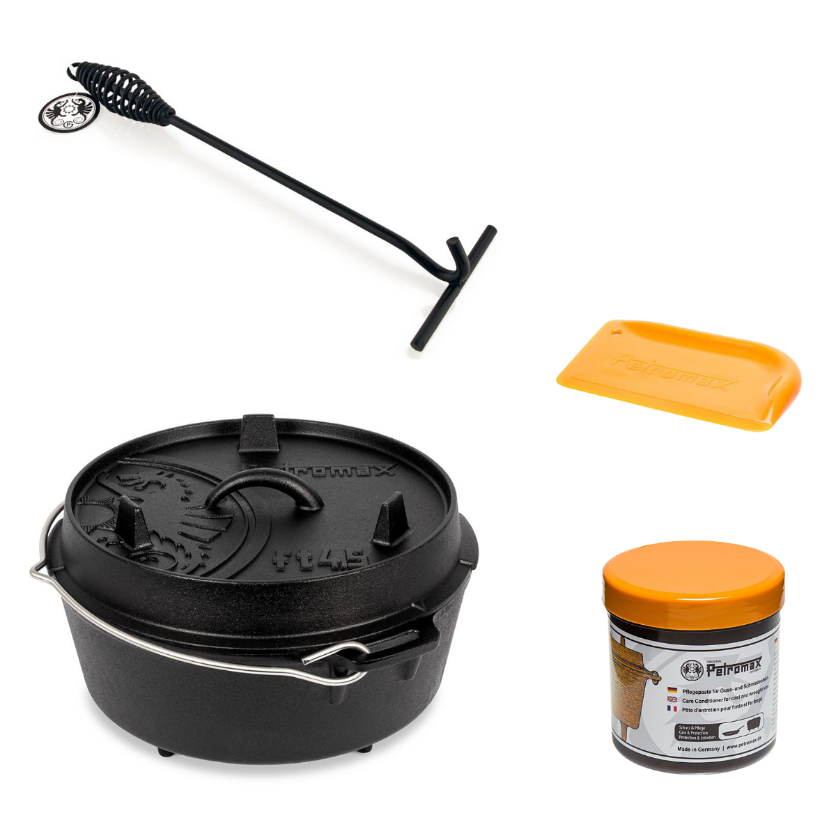 PETROMAX Feuertopf ft4.5 Dutch Oven mit Füßen Einsteiger-Set PETROMAX Feuertopf ft4-5 Dutch Oven mit Fuessen Einsteiger-Set ft4.5 ftdh ft-pflege os