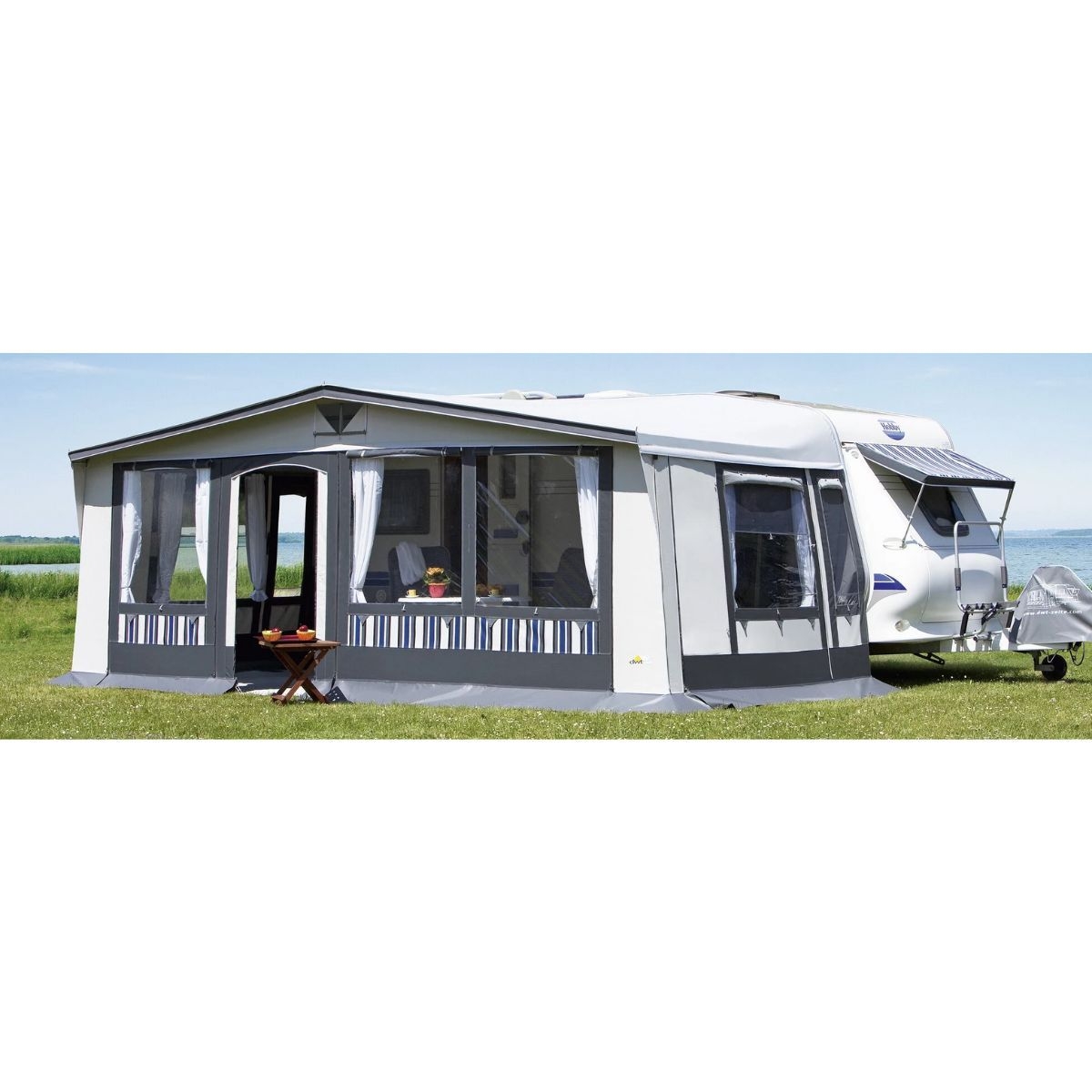 DWT Wohnwagen-Vorzelt TANGO Gr. 15 Umlaufmass 971-1000 cm Tiefe 300 cm mit 32 mm Alu-Gestaenge - 128315A32