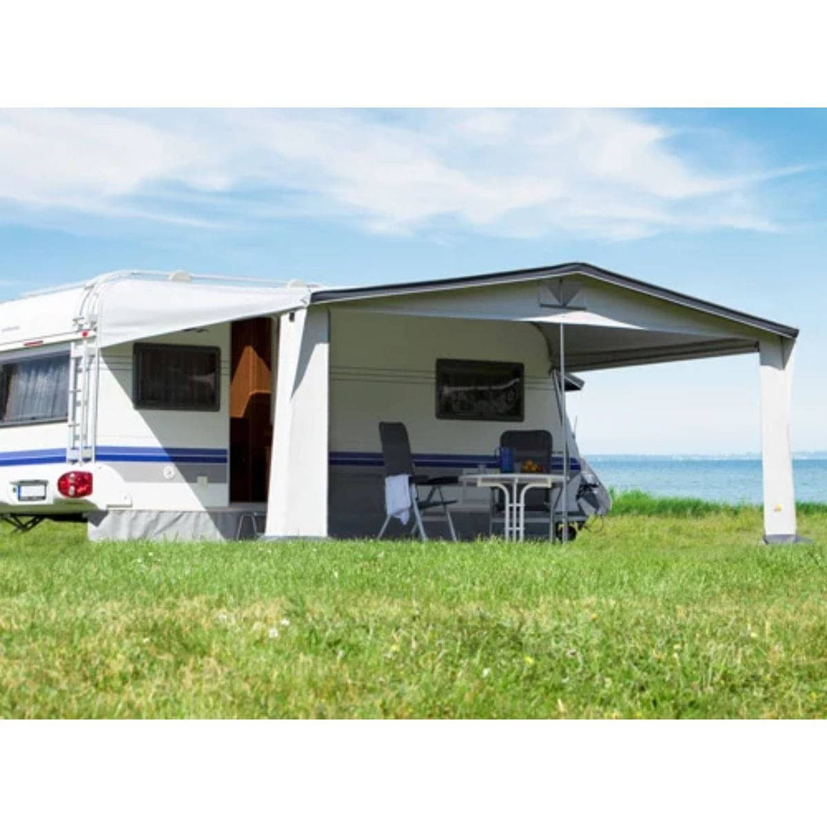 DWT Wohnwagen-Vorzelt TANGO Gr. 21 Umlaufmass 1151-1180 cm Tiefe 240 cm mit 32mm Alu-Gestaenge - 128221A32