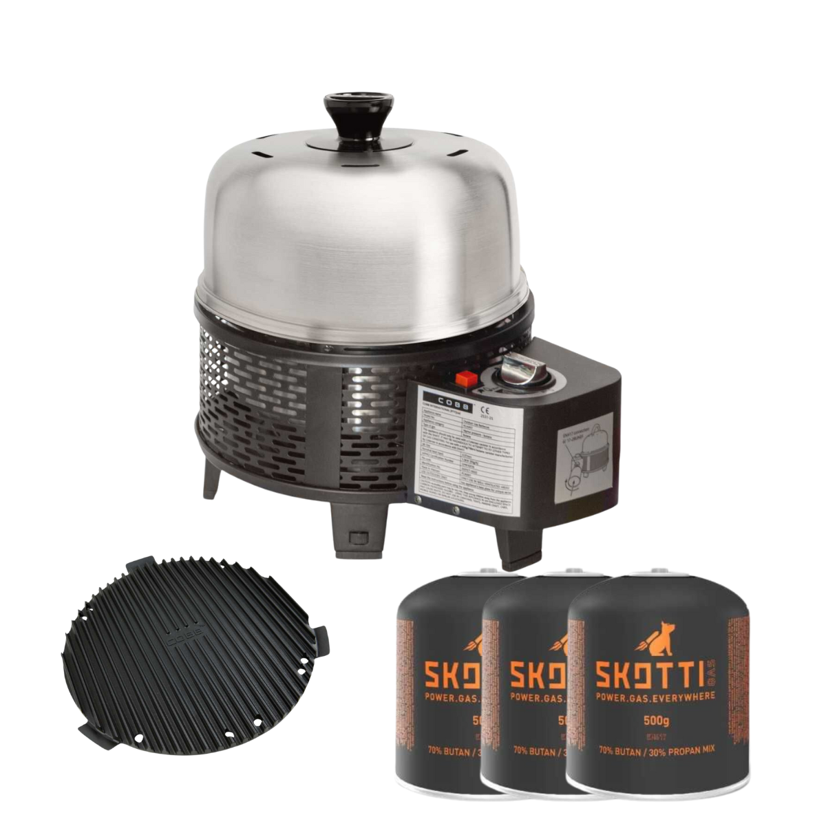 COBB Pro Gas Black und Grillplatte und 3x Skotti Gaskartusche