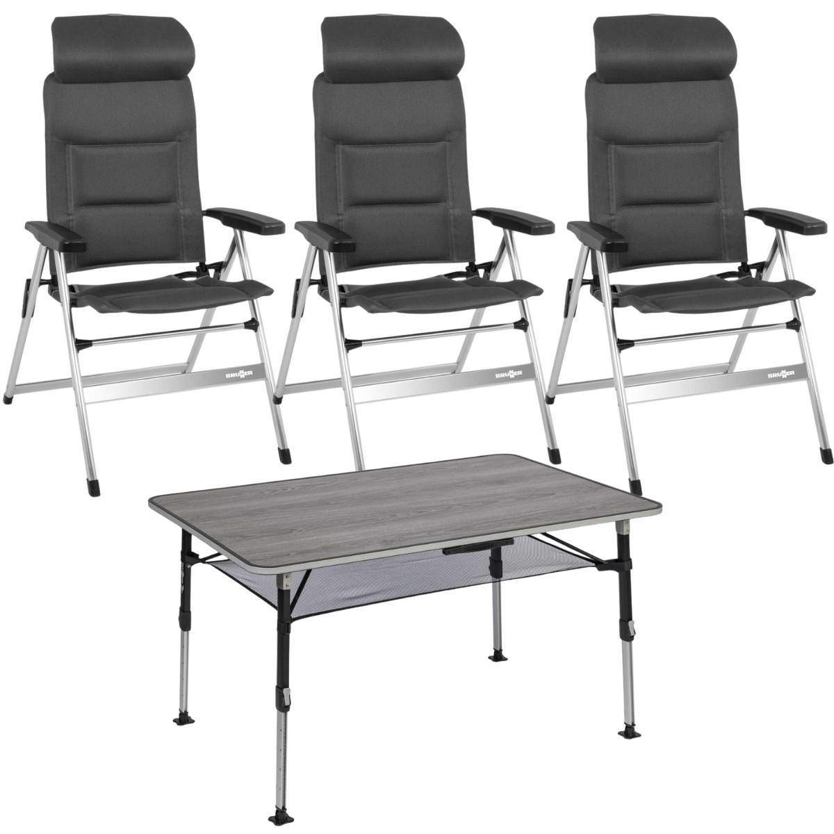 BRUNNER Campingstuhl ARAVEL H2L Dunkelgrau 3er-Set - Tisch ELU NG 120 - 0404052N.C25 0406043N