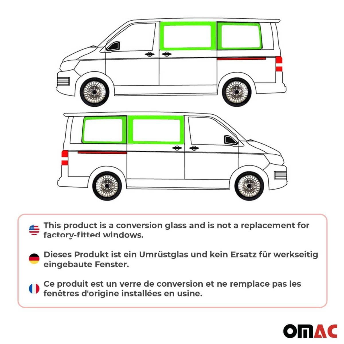 OMAC Seitenfenster Seitenscheibe VW T5/T6/T6.1 L1 Bj. 2003-2024 Komplett-Set 4er-Set OMAC Seitenfenster Seitenscheibe VW T5-T6-T6-1 L1 Bj. 2003-2024 Komplett-Set 4er-Set - G002394