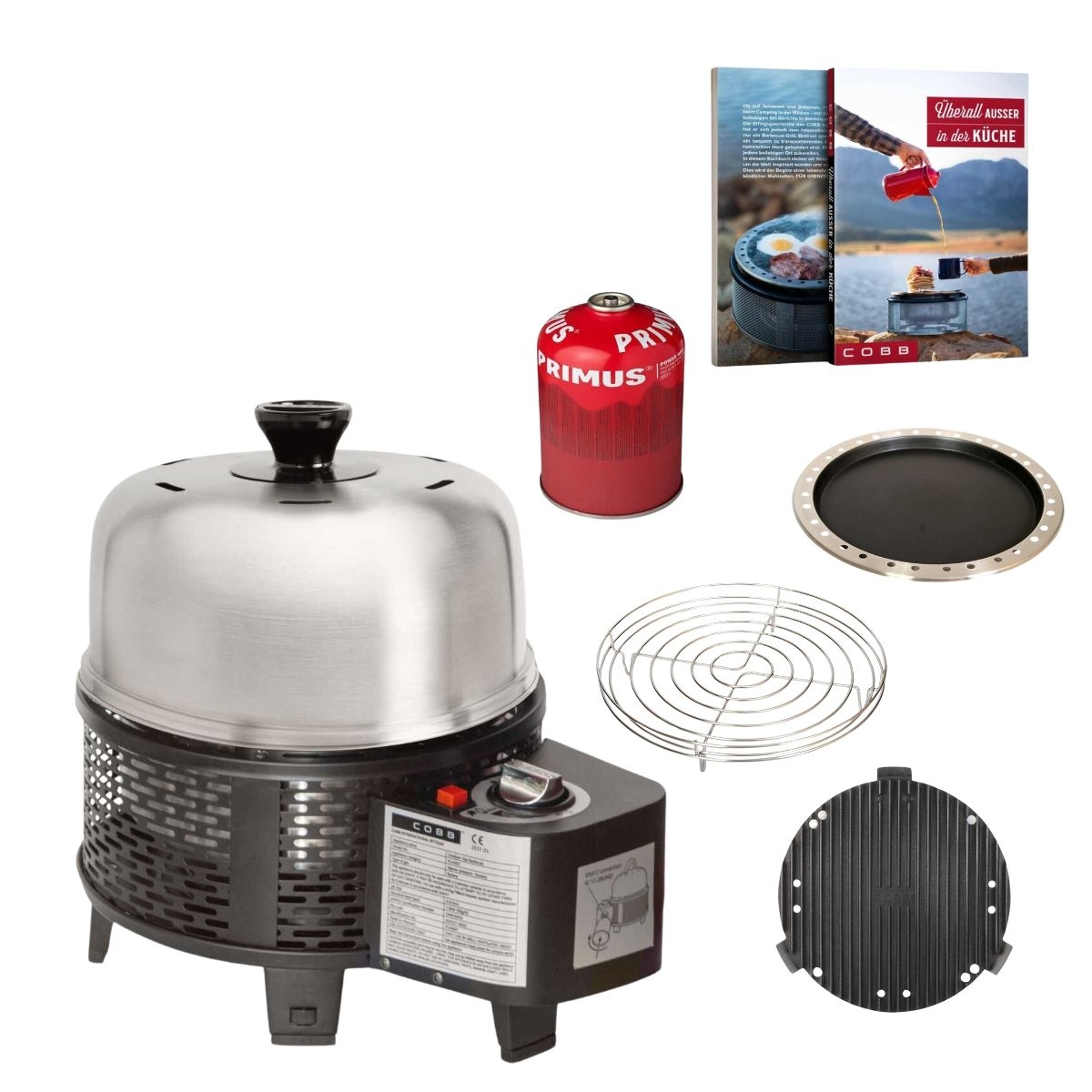 COBB Pro Gas Black und Grillplatte und Griddle - und Bratenrost und Bratpfanne und Kochbuch Gaskartusche