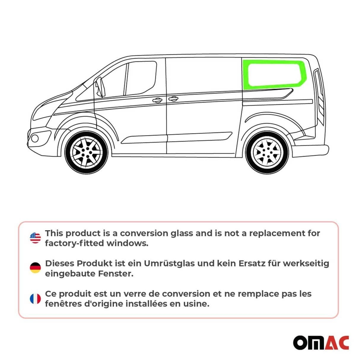OMAC Seitenfenster Seitenscheibe Ford Transit Custom L1 Bj. 2013-2023 Hinten Links Schiebetuer - 2624405-1RSDFL