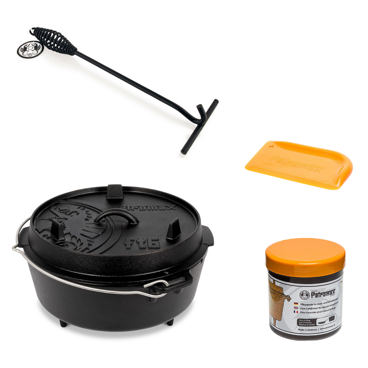PETROMAX Feuertopf ft6 Dutch Oven mit Füßen Einsteiger-Set PETROMAX Feuertopf ft6 Dutch Oven mit Fuessen Einsteiger-Set ft6 ftdh ft-pflege os