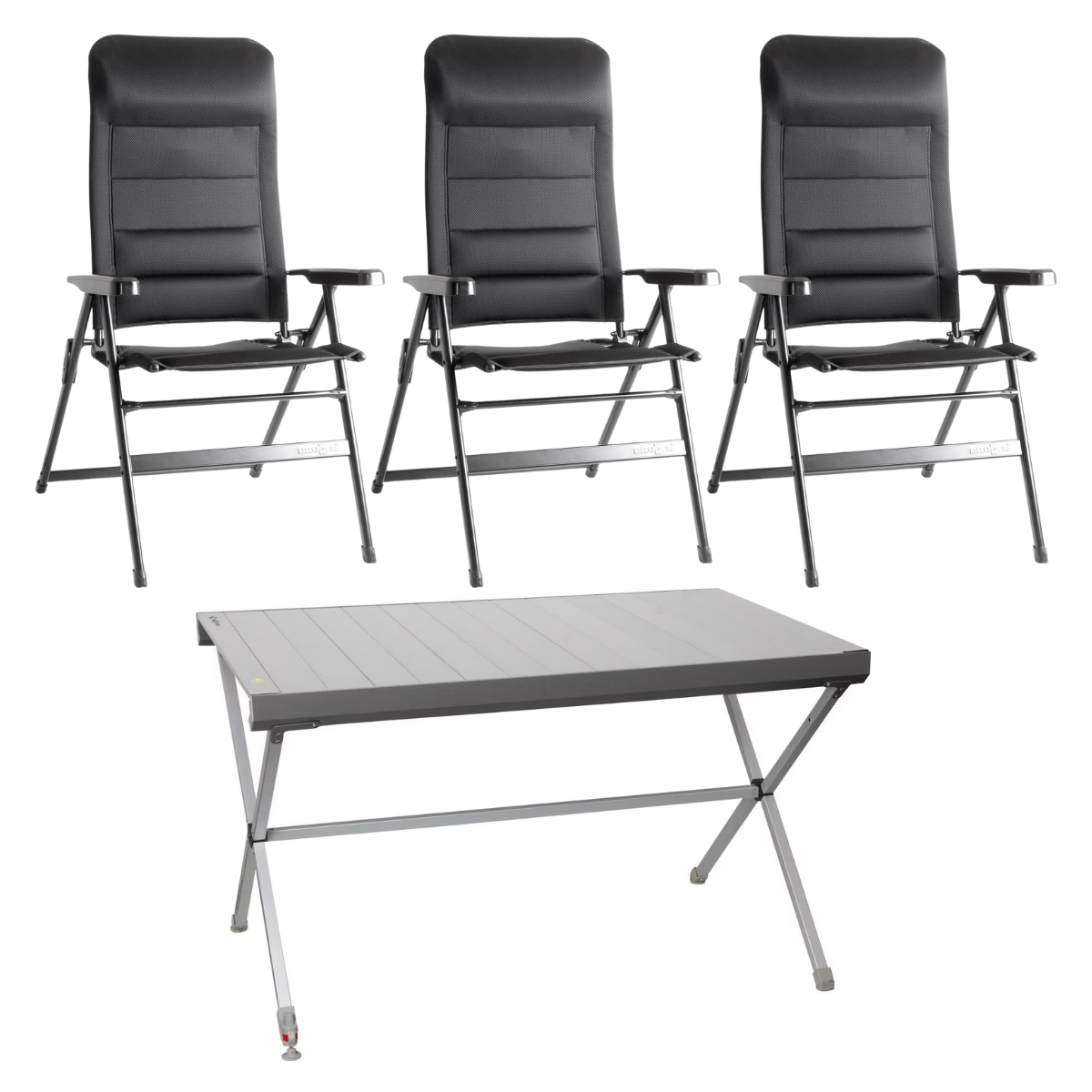 BRUNNER Campingstuhl ARAVEL 3D - M Schwarz 3er-Set - Rolltisch TITANIUM AXIA 4 122x76 cm - 0404065N.C09M 0406098N