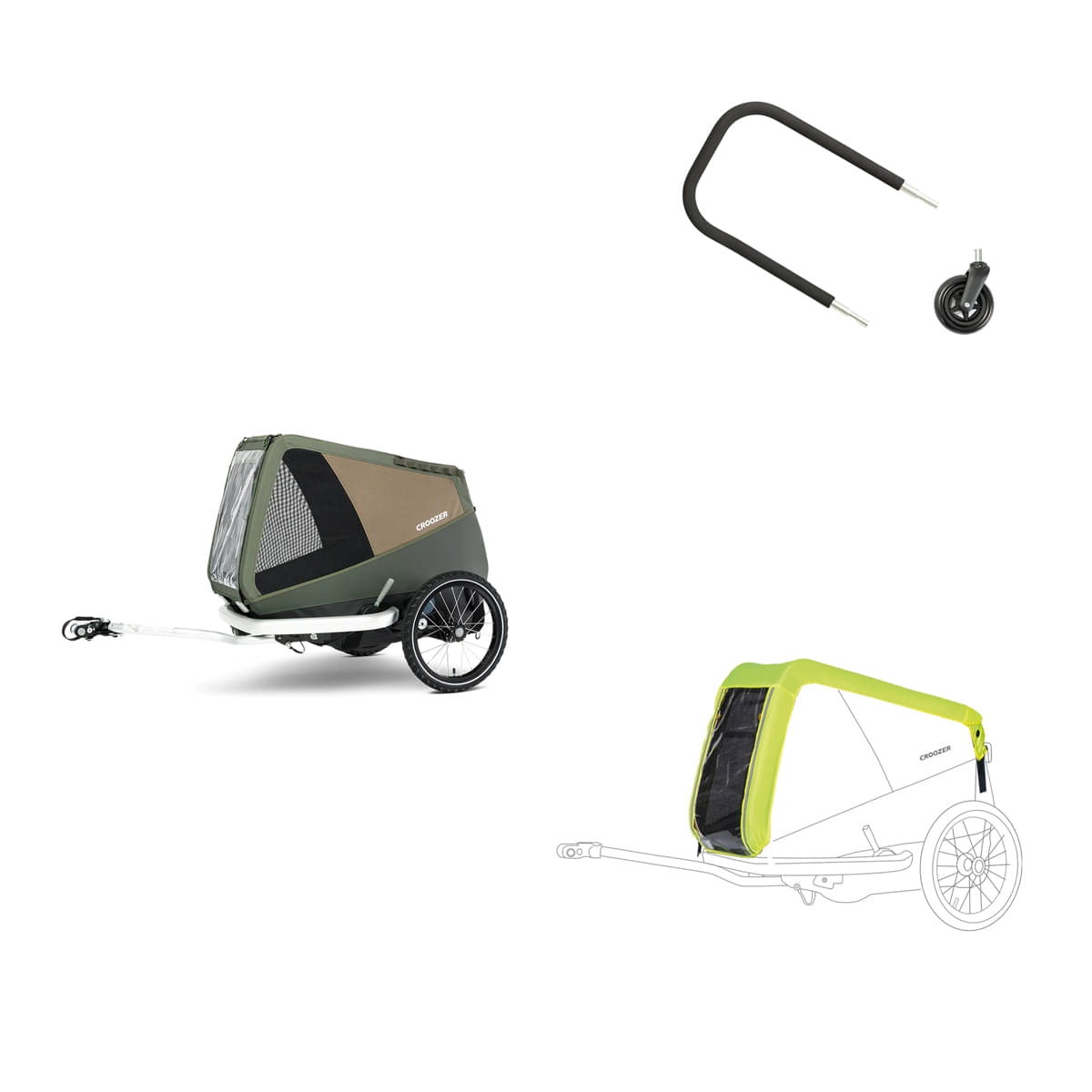 CROOZER Hundefahrradanhaenger Dog Enna Moos Green- Bundle mit Regenverdeck und Buggy-Set - 121600126