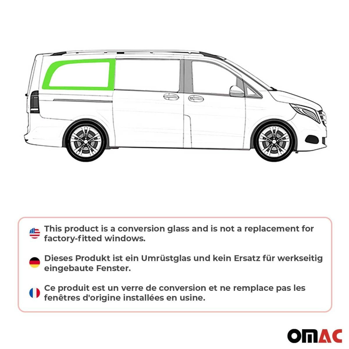 OMAC Seitenfenster Seitenscheibe MB Vito W447 L3 ab Bj. 2014 Hinten Rechts Schiebetür OMAC Seitenfenster Seitenscheibe MB Vito W447 L3 ab Bj. 2014 Hinten Rechts Schiebetuer - 4733405L-1RSFR