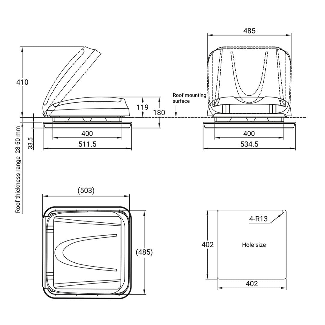 ProPlus Dachhaube 400x400 mm- Dachstaerke 28-50 mm- ohne Zwangsbelueftung- Transparent 610905