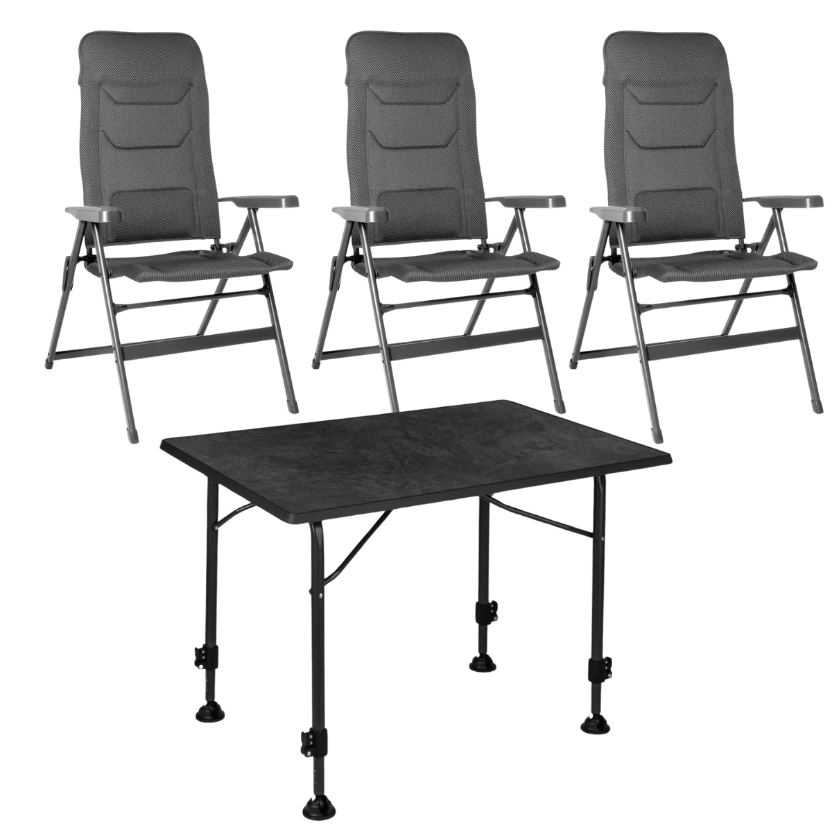 BRUNNER Campingstuhl ARAVEL VITACHIC 3D - L Dunkelgrau 3er-Set - Tisch LINEAR 115x70 cm Black - 0404065N-C69L 0406031N.C69