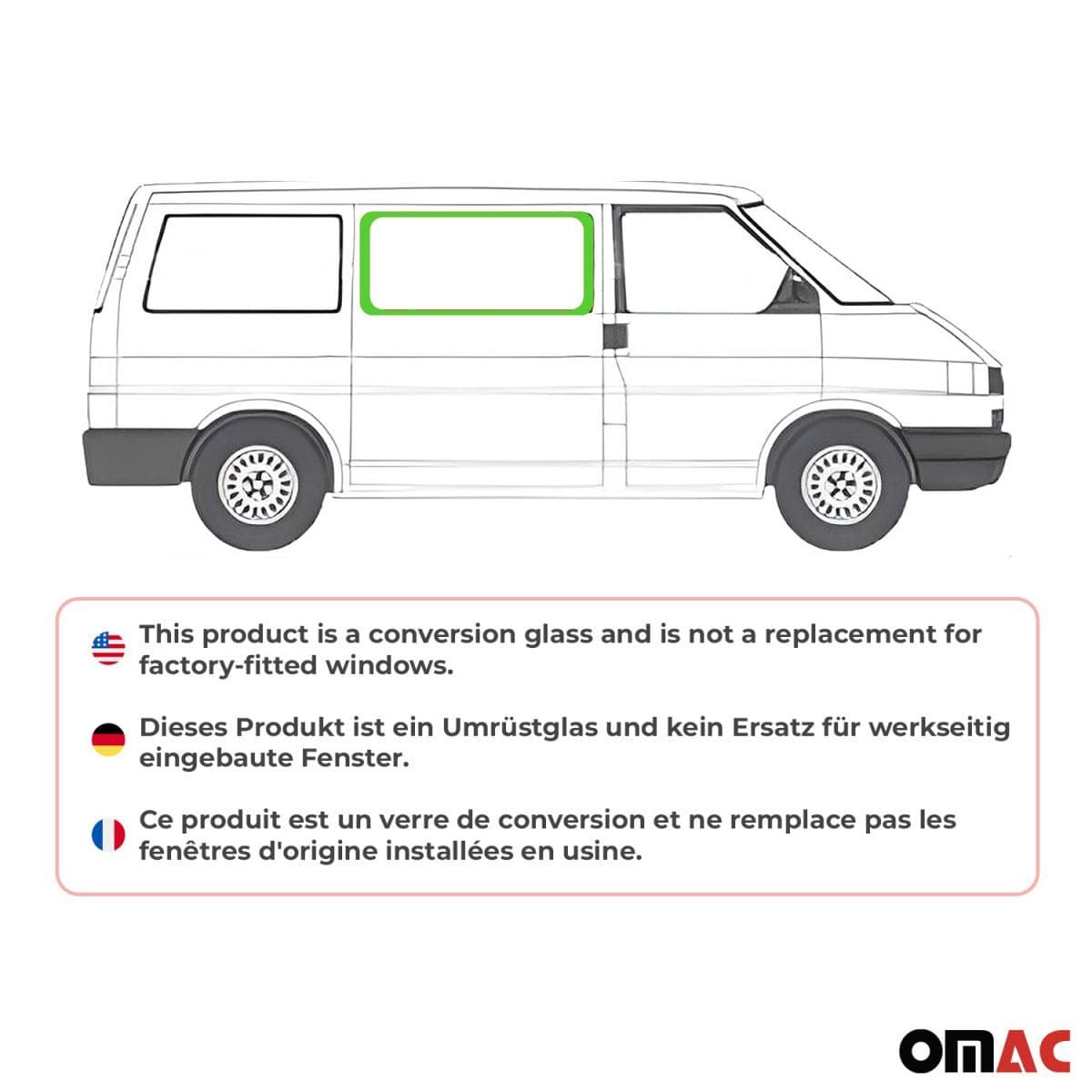 OMAC Seitenfenster Seitenscheibe VW T4 L1/L2 Bj. 1990-2003 Vorne Rechts OMAC Seitenfenster Seitenscheibe VW T4 L1-L2 Bj. 1990-2003 Vorne Rechts - 7521405-1FSFR