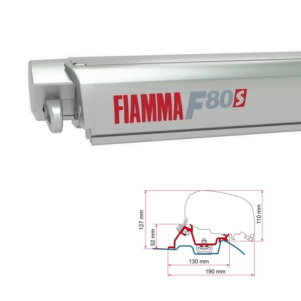 Markise FIAMMA F80 S 370 Royal grey Gehaeuse titanium inkl. Adapter Mercedes Sprinter II VW Crafter I H2 L2 ab 2006 - 2018 mit Schiene auf dem Dach