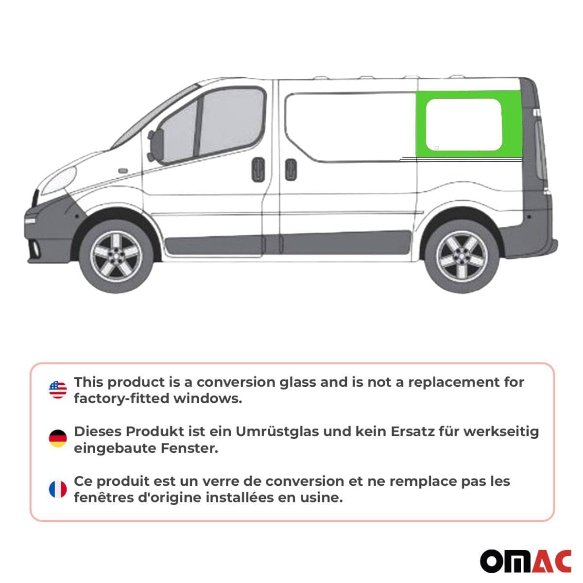 OMAC Seitenfenster Seitenscheibe Opel Vivaro L1 Bj. 2001-2014 Hinten Rechts Schiebetuer - A050862