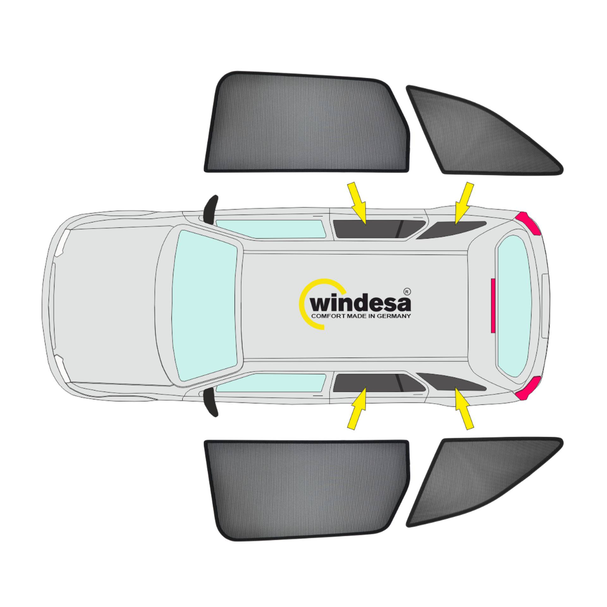 WINDESA SunClip Sonnenschutz - Sichtschutz MB V-Klasse extra lang Bj. 2014 - 2024 mit Ausstellfenster Set - sun-10274ab3