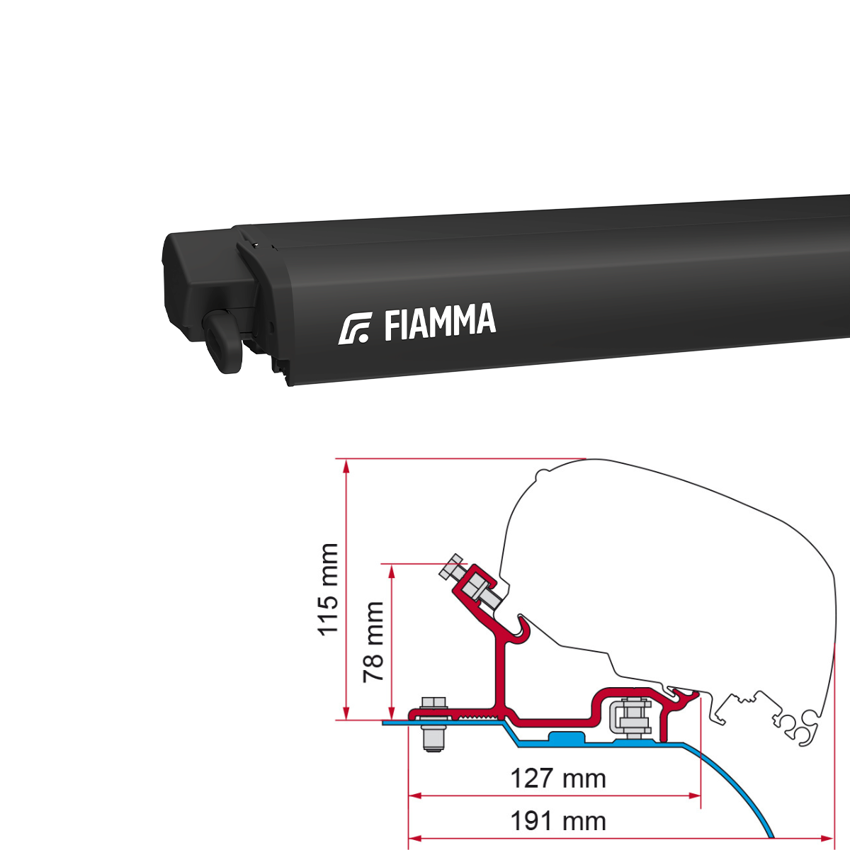 Markise FIAMMA F80 S 370 Royal grey Gehaeuse deep black inkl. Adapterkit Fiat Ducato Jumper H3 L3 - 07831D01R 98655-656