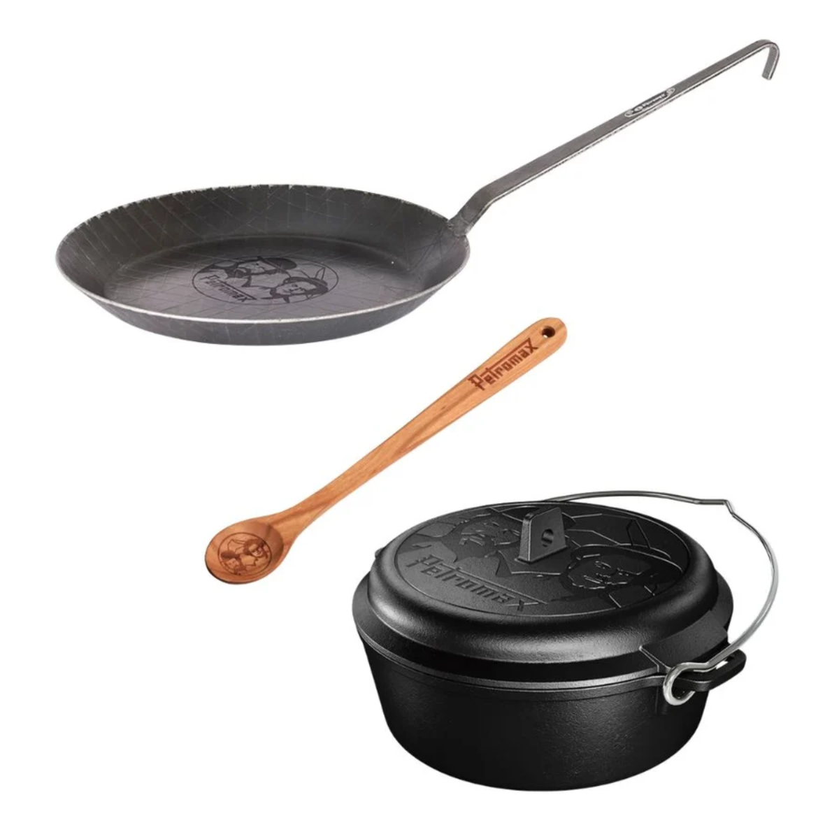 Kochset PETROMAX Dutch Oven ft3 - Schmiedeeiserne Pfanne sp28 - Holzloeffel Bud Spencer - Terence Hill Edition SET-SH-FT3-SP28