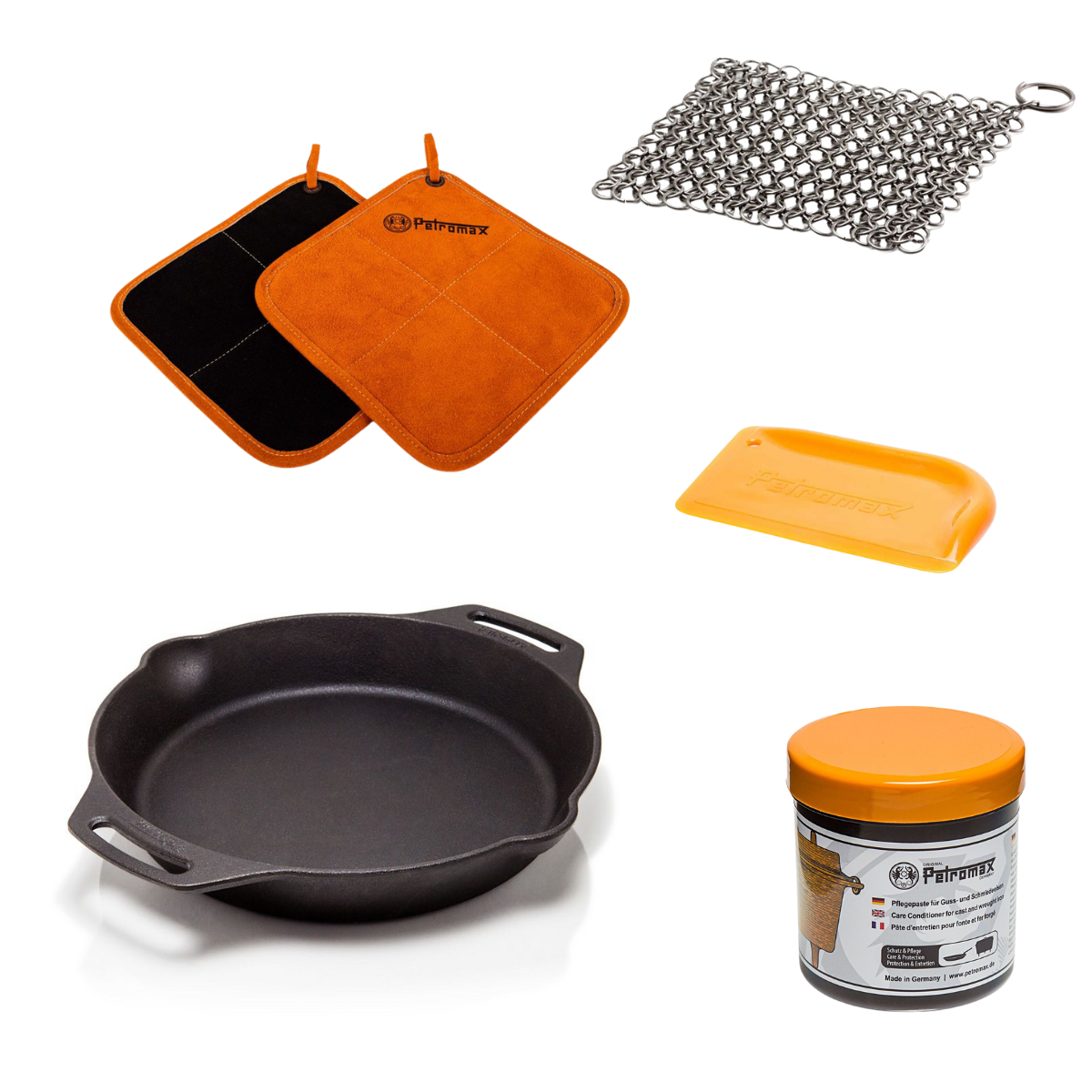 PETROMAX Feuerpfanne Henkel FP30H mit Aramid Topflappen - Starterset fp30h-t scrub ft-pflege t300 os 