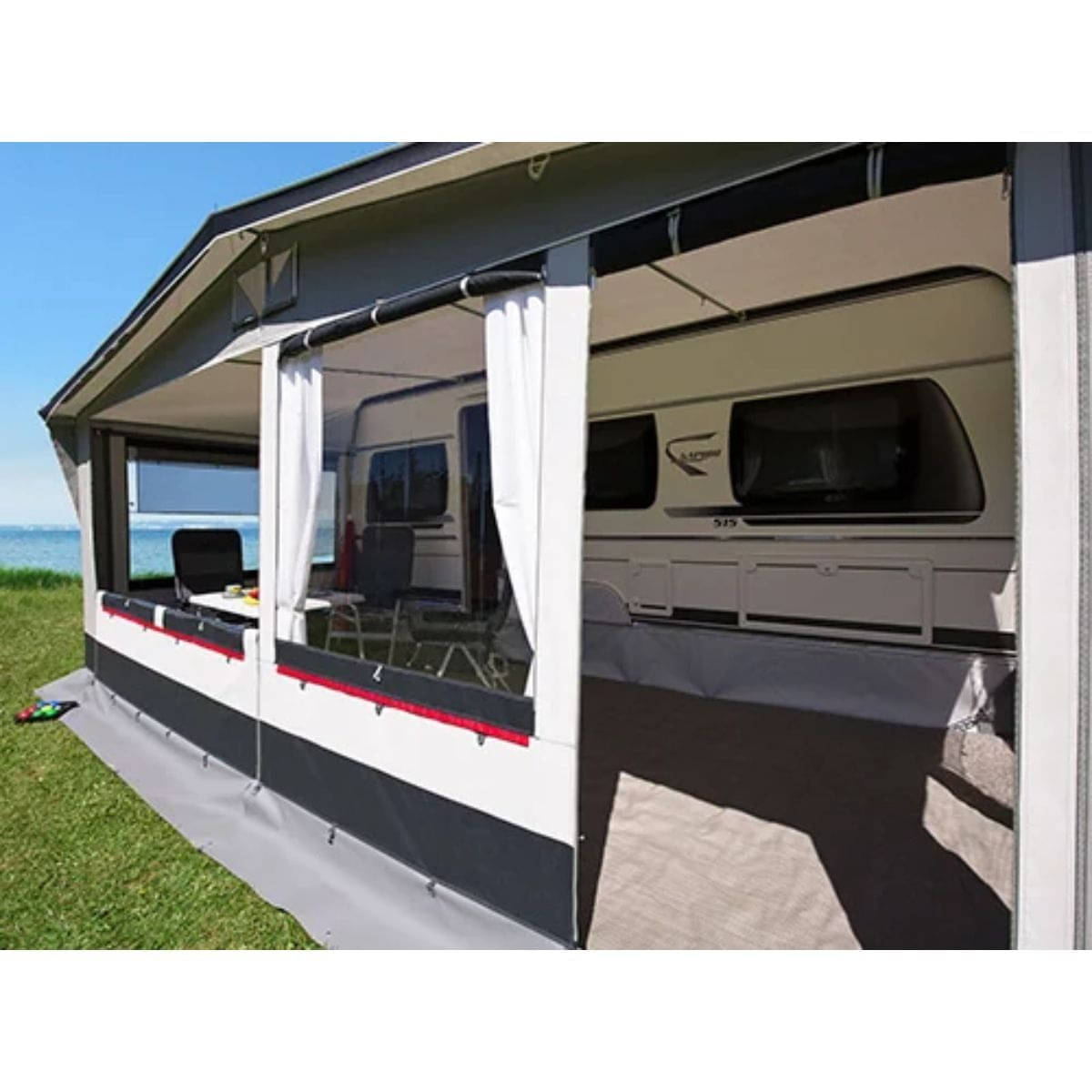 DWT Wohnwagen-Vorzelt PARADIES III Gr. 14 Umlaufmass 941-970 cm Tiefe 280 cm mit 28 mm Stahlgestaenge - 125094S28