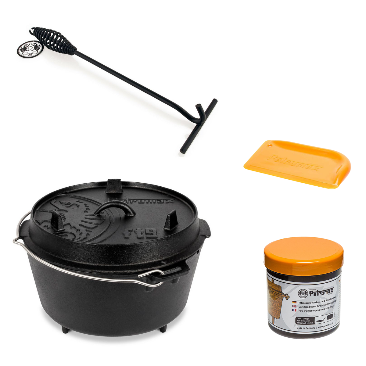 PETROMAX Feuertopf ft9 Dutch Oven mit Fuessen Einsteiger-Set ft9 ftdh ft-pflege os