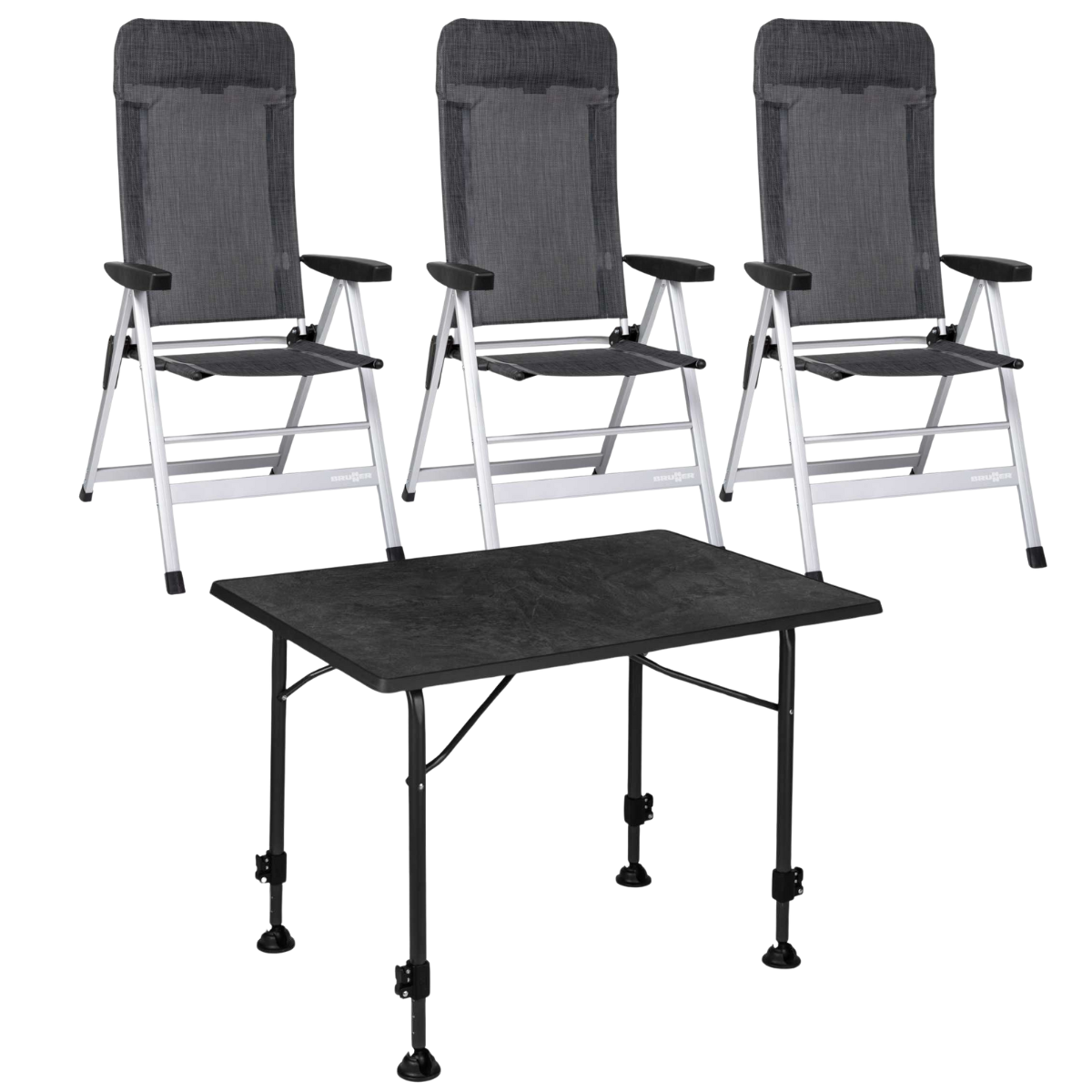 BRUNNER Campingstuhl SKYE Dunkelgrau 3er-Set - Tisch LINEAR 115x70 cm Black - 0404063N-C67 0406031N.C69