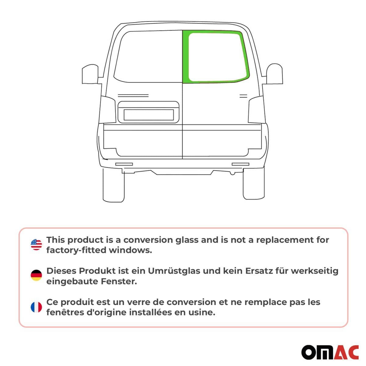 OMAC Heckscheibe Heckfenster VW T5 L1/L2 Bj. 2003-2015 Flügeltür Rechts OMAC Heckscheibe Heckfenster VW T5 L1-L2 Bj. 2003-2015 Fluegeltuer Rechts - 7522405-1BDFR