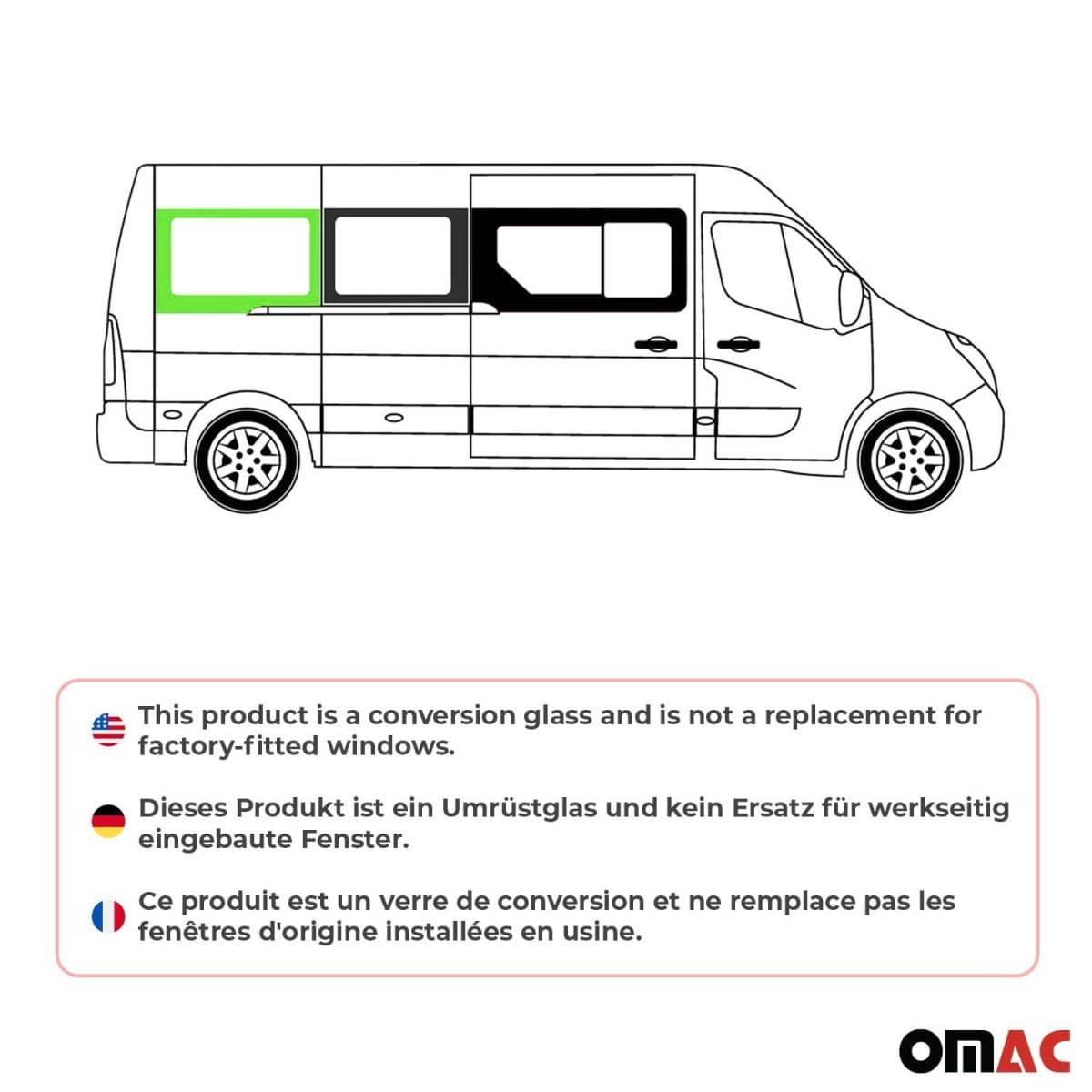 OMAC Seitenfenster Seitenscheibe Opel Movano L3-L4 Bj. 2010–2021 Hinten Rechts Schiebetuer - 6125405L-1RSDFR