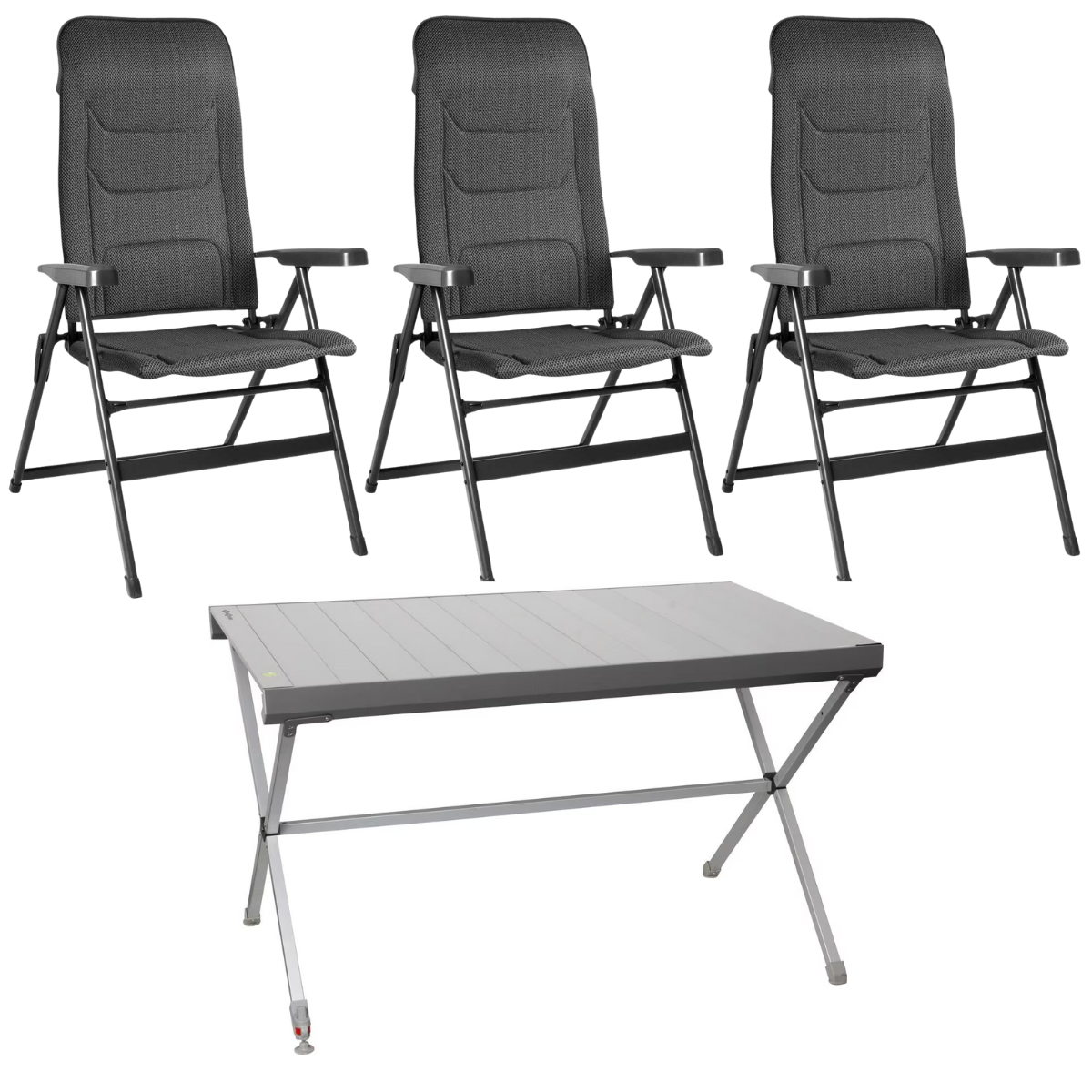 BRUNNER Campingstuhl ARAVEL VITACHIC 3D - L Salt-Pepper 3er-Set - Rolltisch TITANIUM AXIA 4 122x76cm - 0404065N.C42L 0406098N