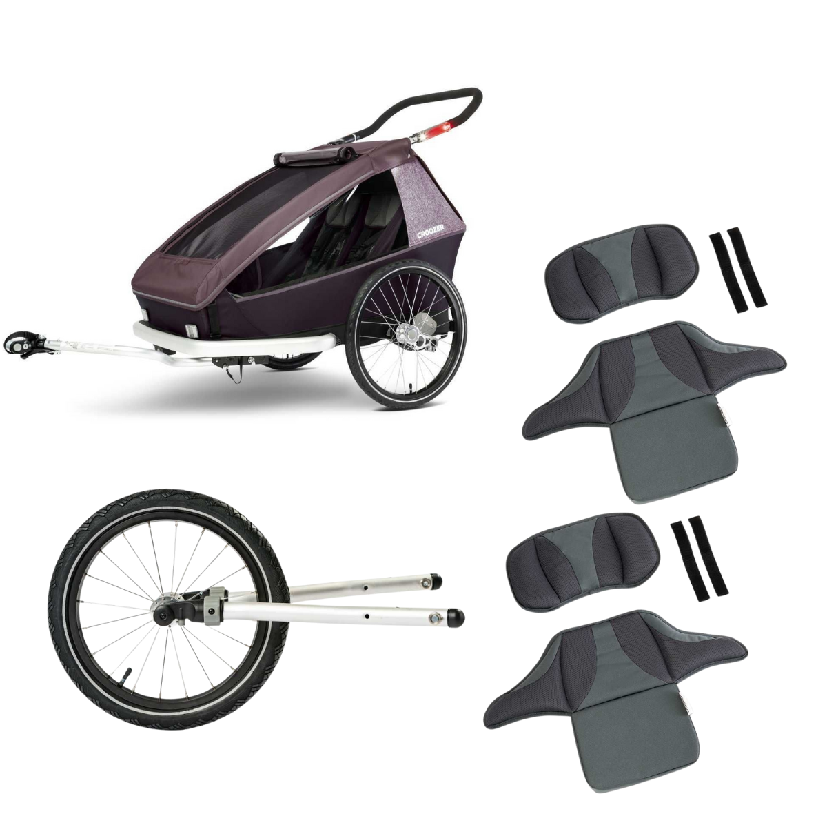 CROOZER Kinderfahrradanhänger Kid Vaaya 2 3in1-Set Blossom Red mit Jogger-Set und 2 Sitzstützen