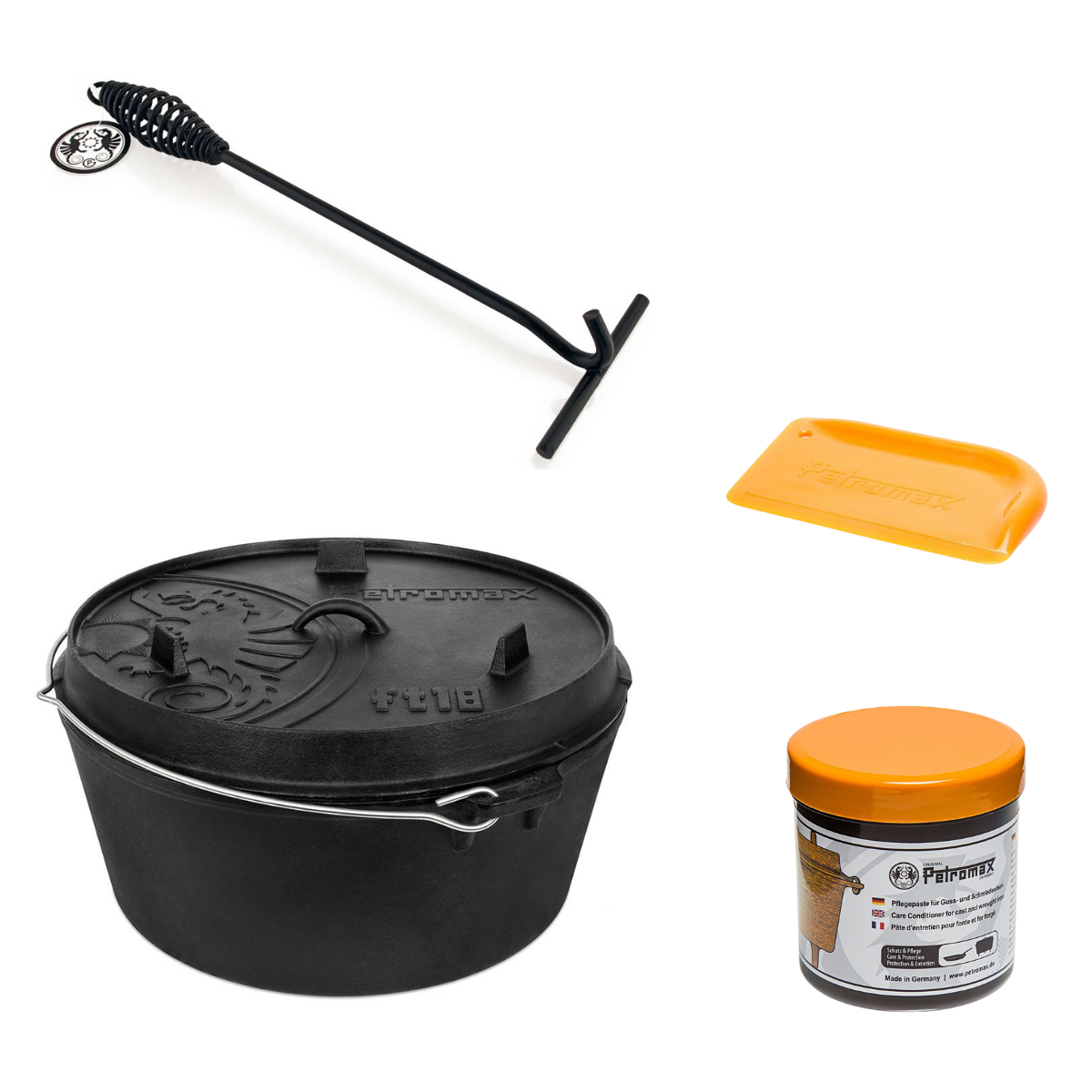 PETROMAX Feuertopf ft18 Dutch Oven mit Fuessen Einsteiger-Set ft18 ftdh ft-pflege os