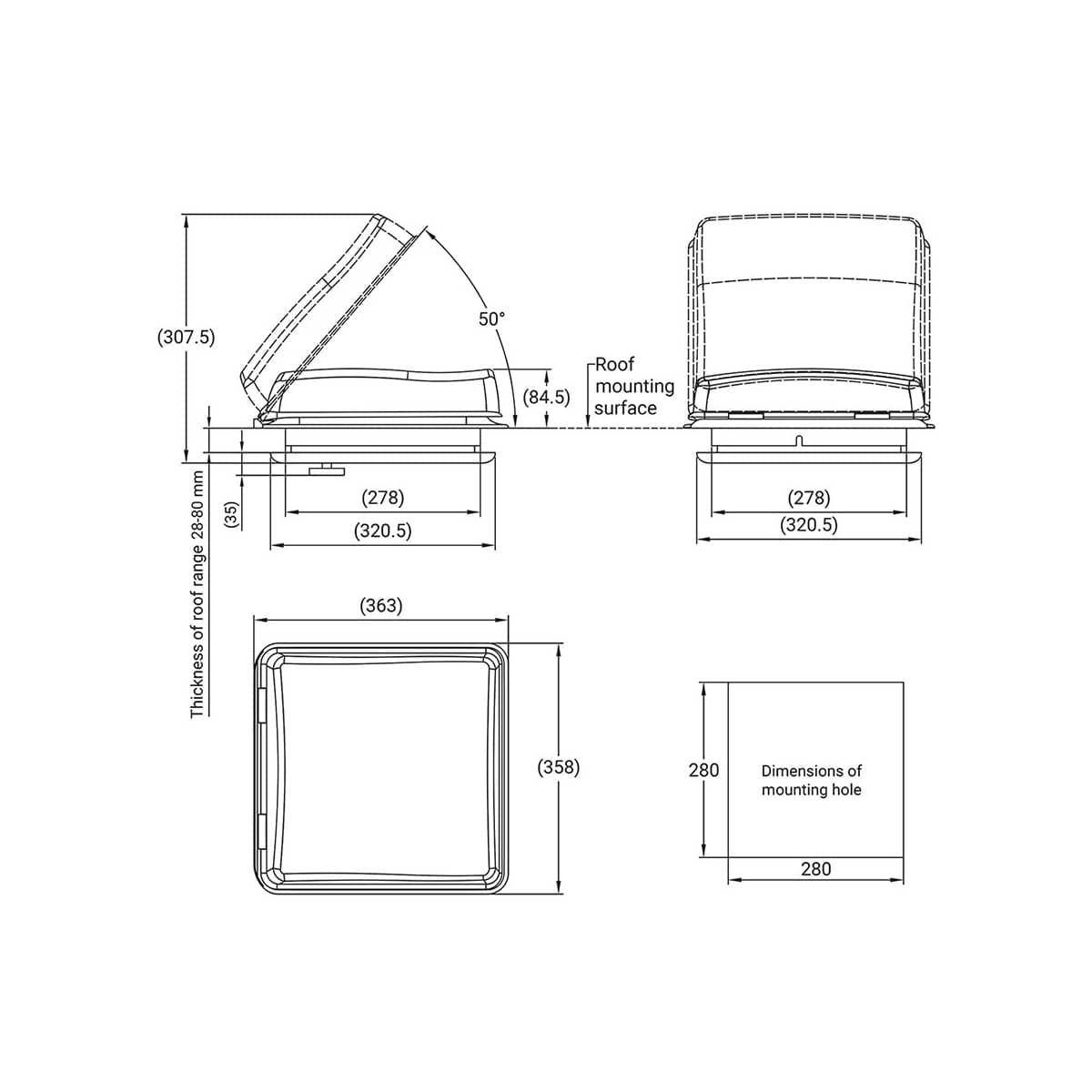 ProPlus Dachhaube mit 12V-Ventilator- 280x280 mm- Dachstaerke 28-80 mm- ohne Zwangsbelueftung- Transparent 610900