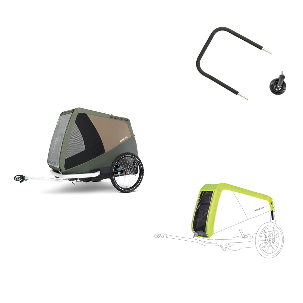 CROOZER Hundefahrradanhaenger Dog Tammo Moss Gree- Bundle mit Regenverdeck und Buggy-Set - 121600326