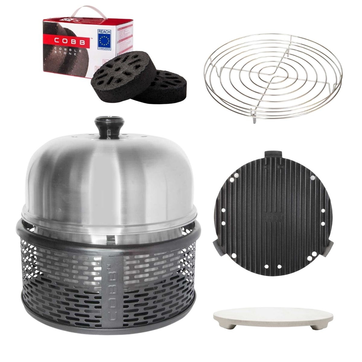 COBB Pro Black und Grillplatte und Griddle - und Bratenrost und Pizzastein und Cobble Stone