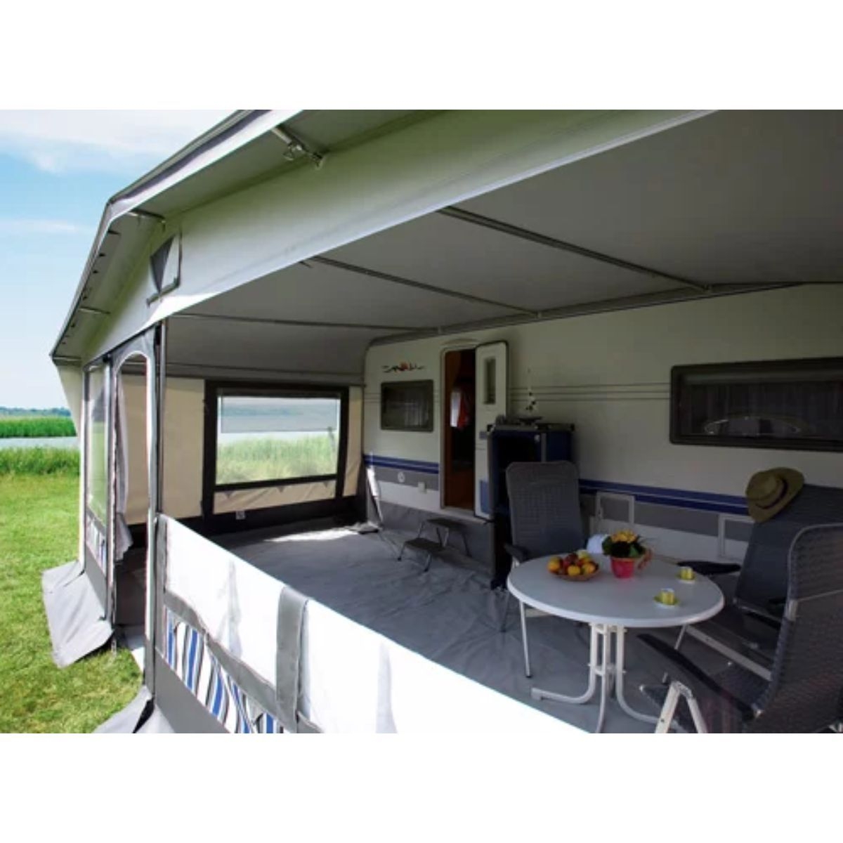 DWT Wohnwagen-Vorzelt TANGO Gr. 19 Umlaufmass 1091-1120 cm Tiefe 240 cm mit 32mm Alu-Gestaenge - 128219A32