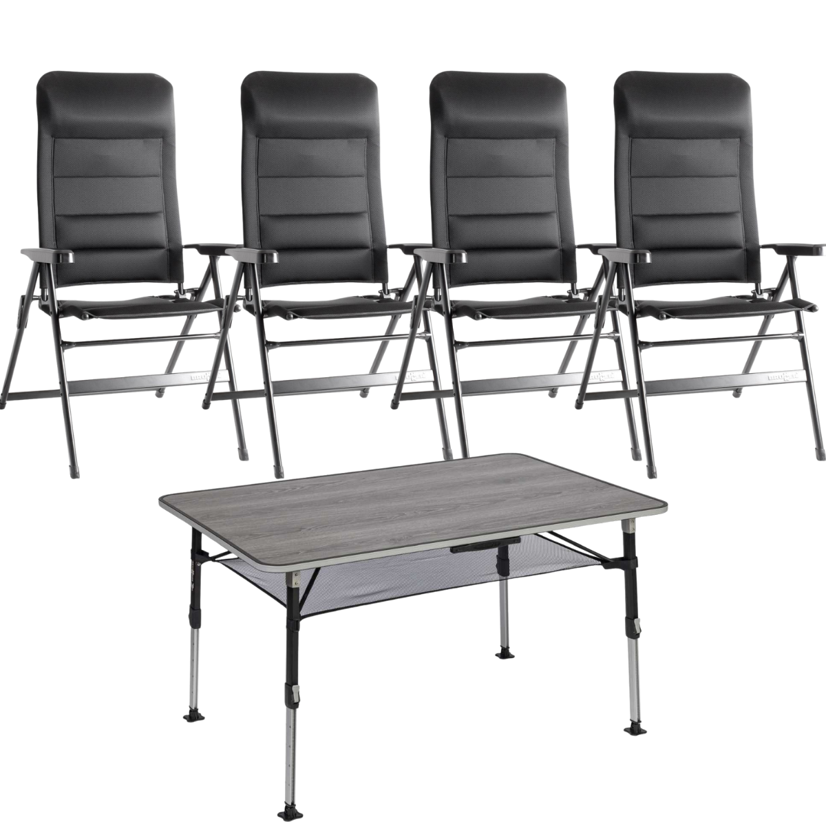 BRUNNER Campingstuhl ARAVEL 3D - L Schwarz 4er-Set - Tisch ELU NG 120 - 0404065N.C09L 0406043N