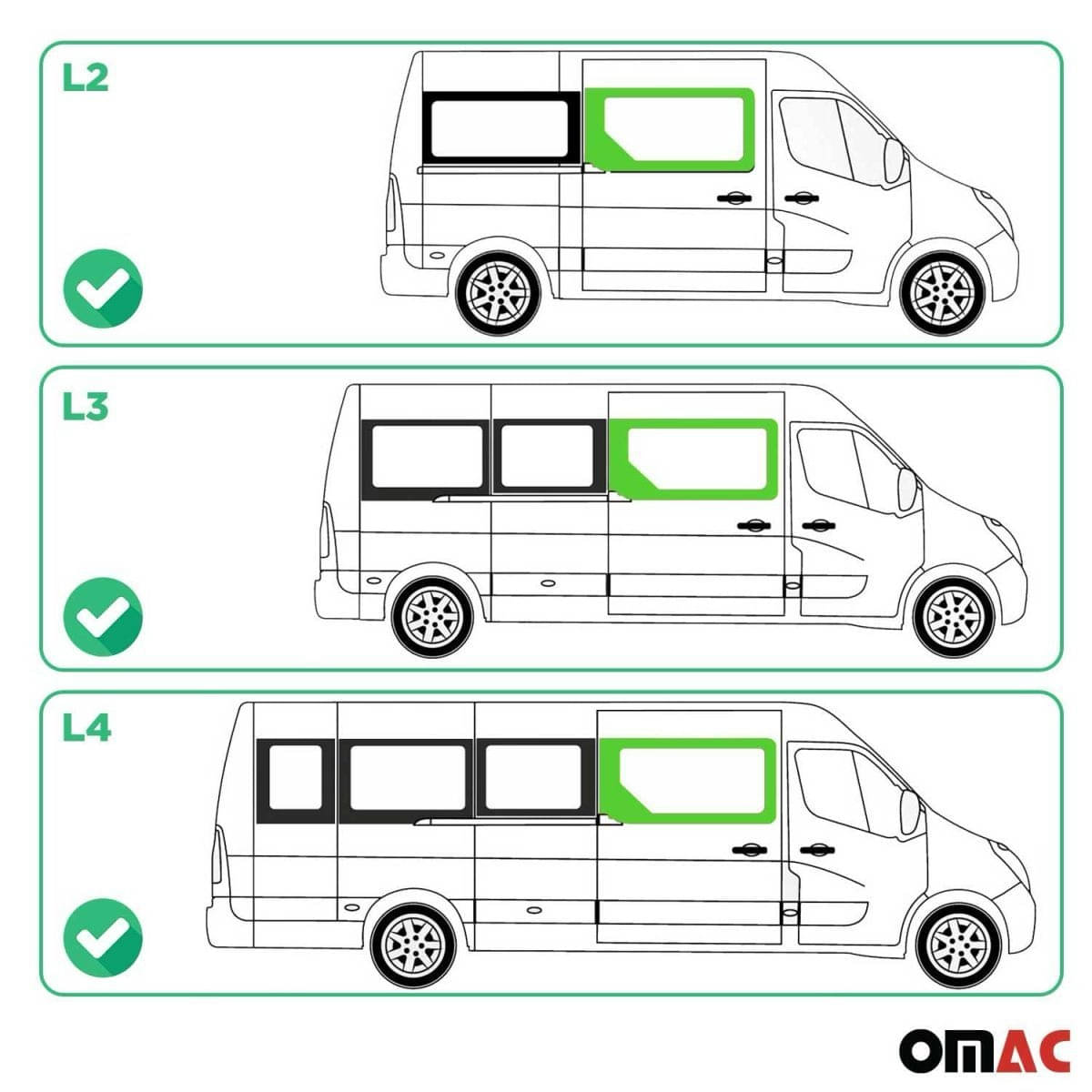 OMAC Seitenfenster Seitenscheibe Opel Movano L2-L3-L4 Bj. 2010–2021 Schiebetuer Rechts - 6125405L-1FSDFR