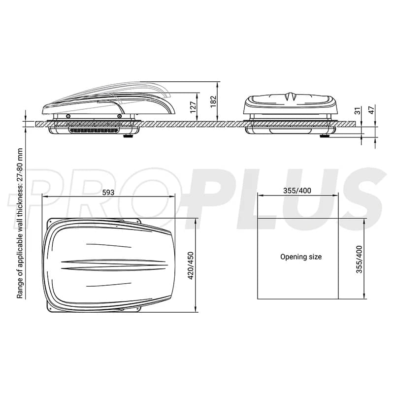 ProPlus Dachluefter DeLuxe 400x400 mm- Dachstaerke 27-80 mm- Transparent 610908