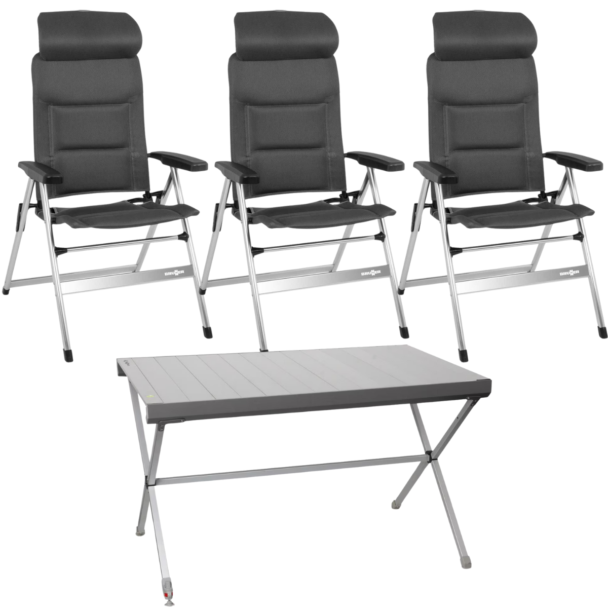 BRUNNER Campingstuhl ARAVEL H2L Dunkelgrau 3er-Set - Rolltisch TITANIUM AXIA 4 122x76 cm - 0404052N.C25 0406098N