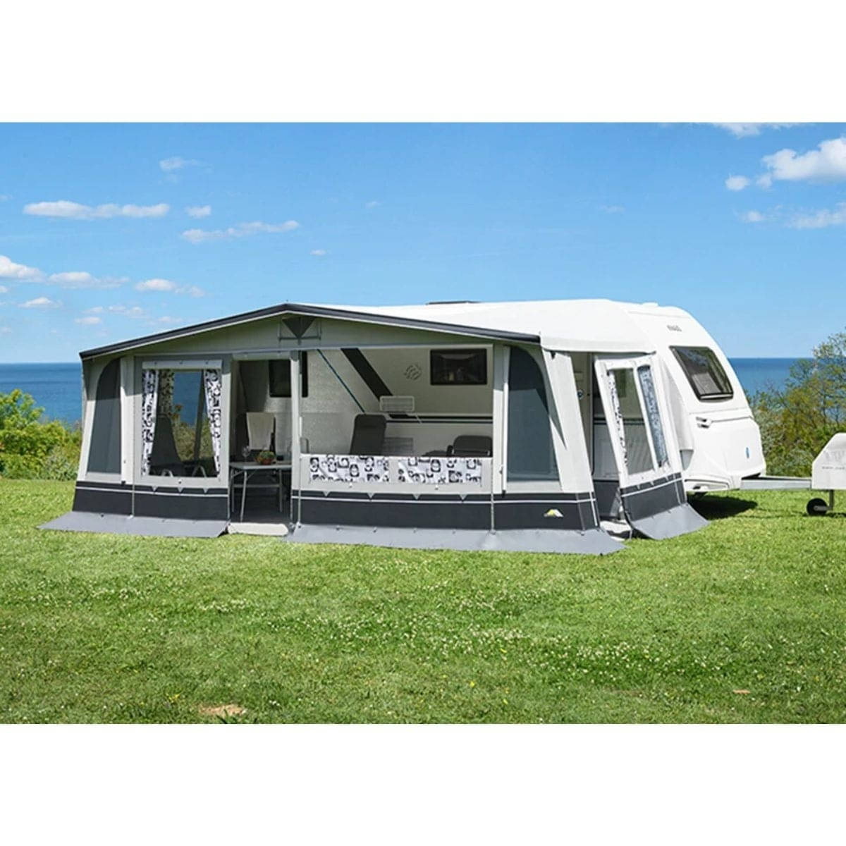 DWT Wohnwagen-Vorzelt DOMINO Gr. 11 Umlaufmass 851-880 cm Tiefe 250 cm mit 28 mm Stahlgestaenge - 142111S28