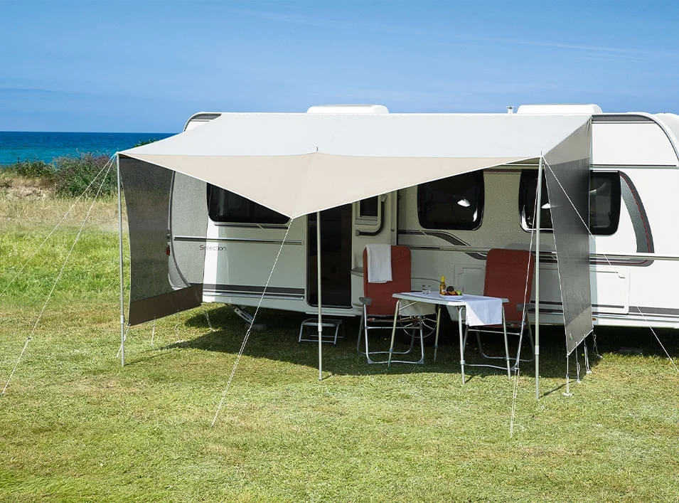 DWT Sonnenvordach Coco Gr. 2 410 x 240-320 cm mit 28 mm Aufstellstangen - 1871021